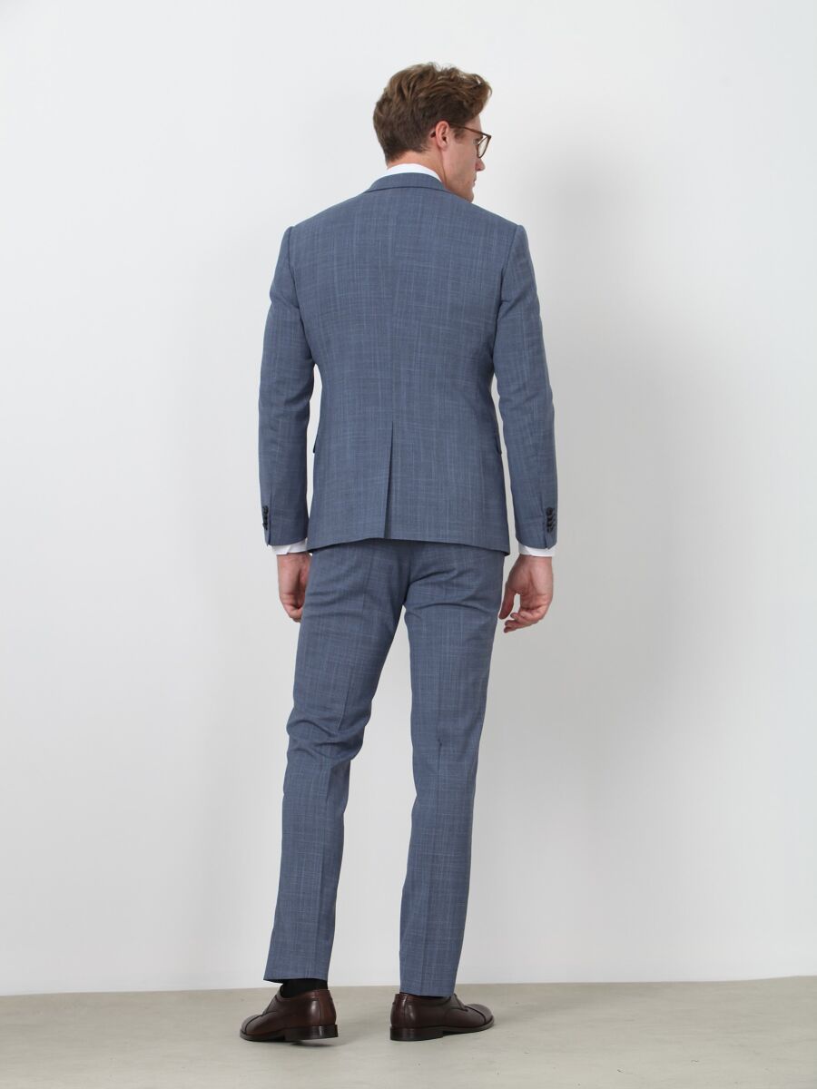 Blue Patterned Regular Fit Wool Blended Suit - 4