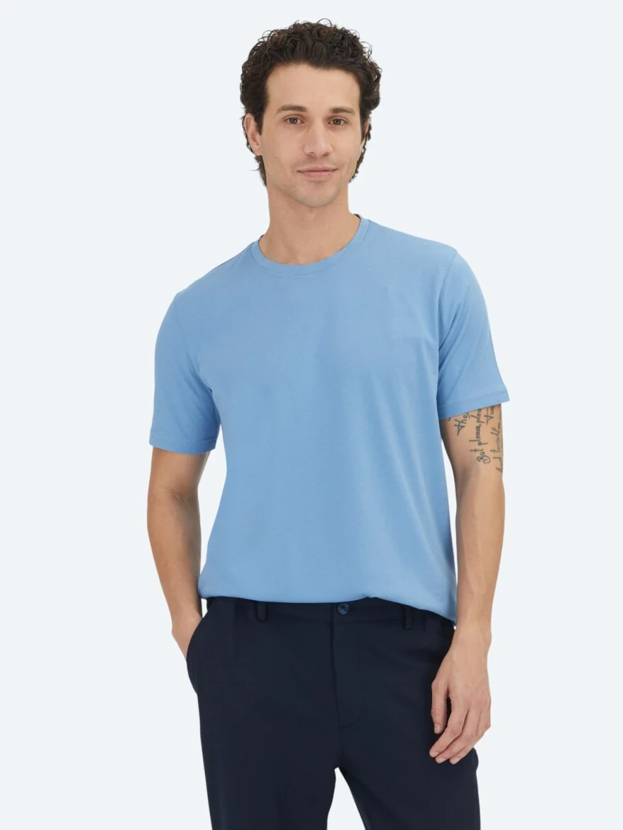 Blue Plain Crew Neck 100% Cotton T-Shirt - 1