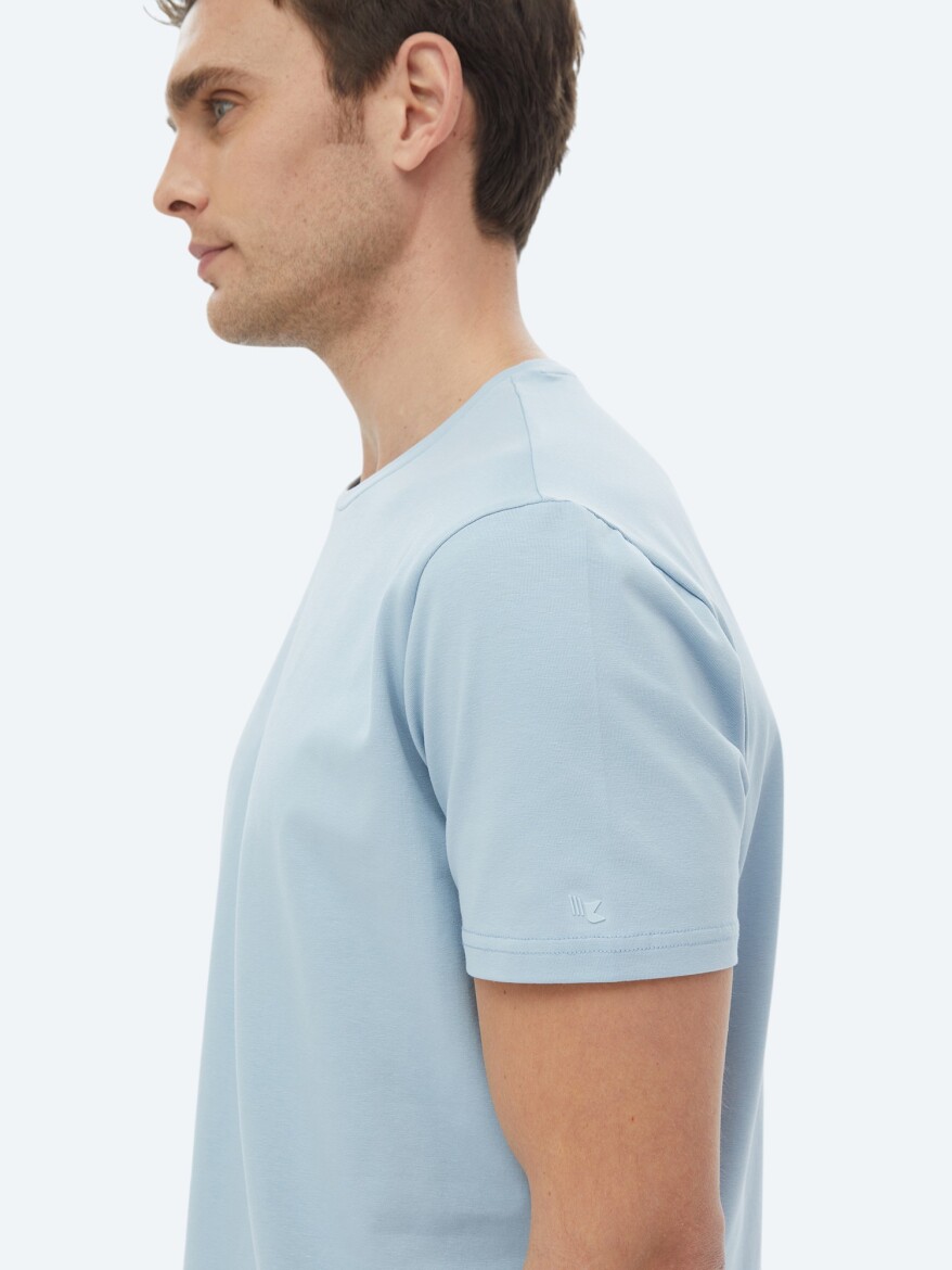 Blue Plain Crew Neck Cotton Blended T-Shirt - 4