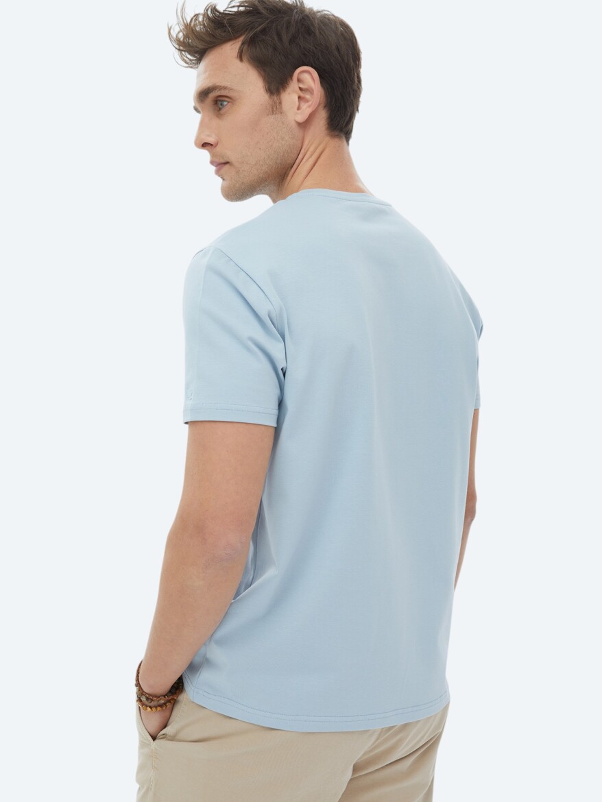Blue Plain Crew Neck Cotton Blended T-Shirt - 6