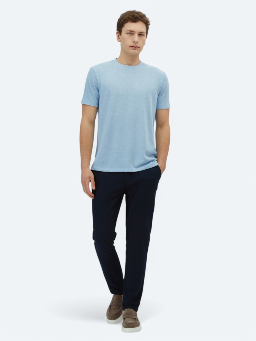 Blue Plain Crew Neck Cotton Blended T-Shirt - KİP