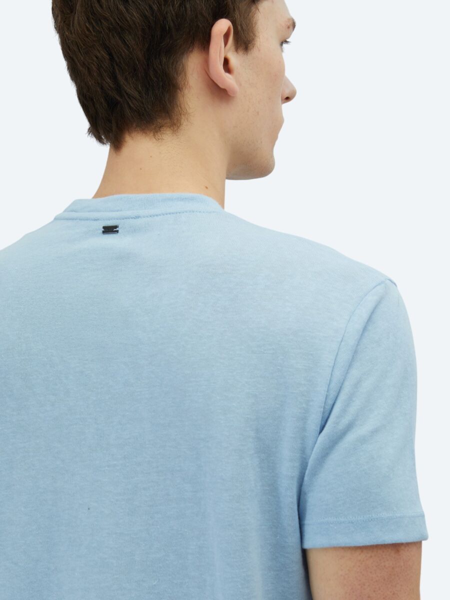 Blue Plain Crew Neck Cotton Blended T-Shirt - 5