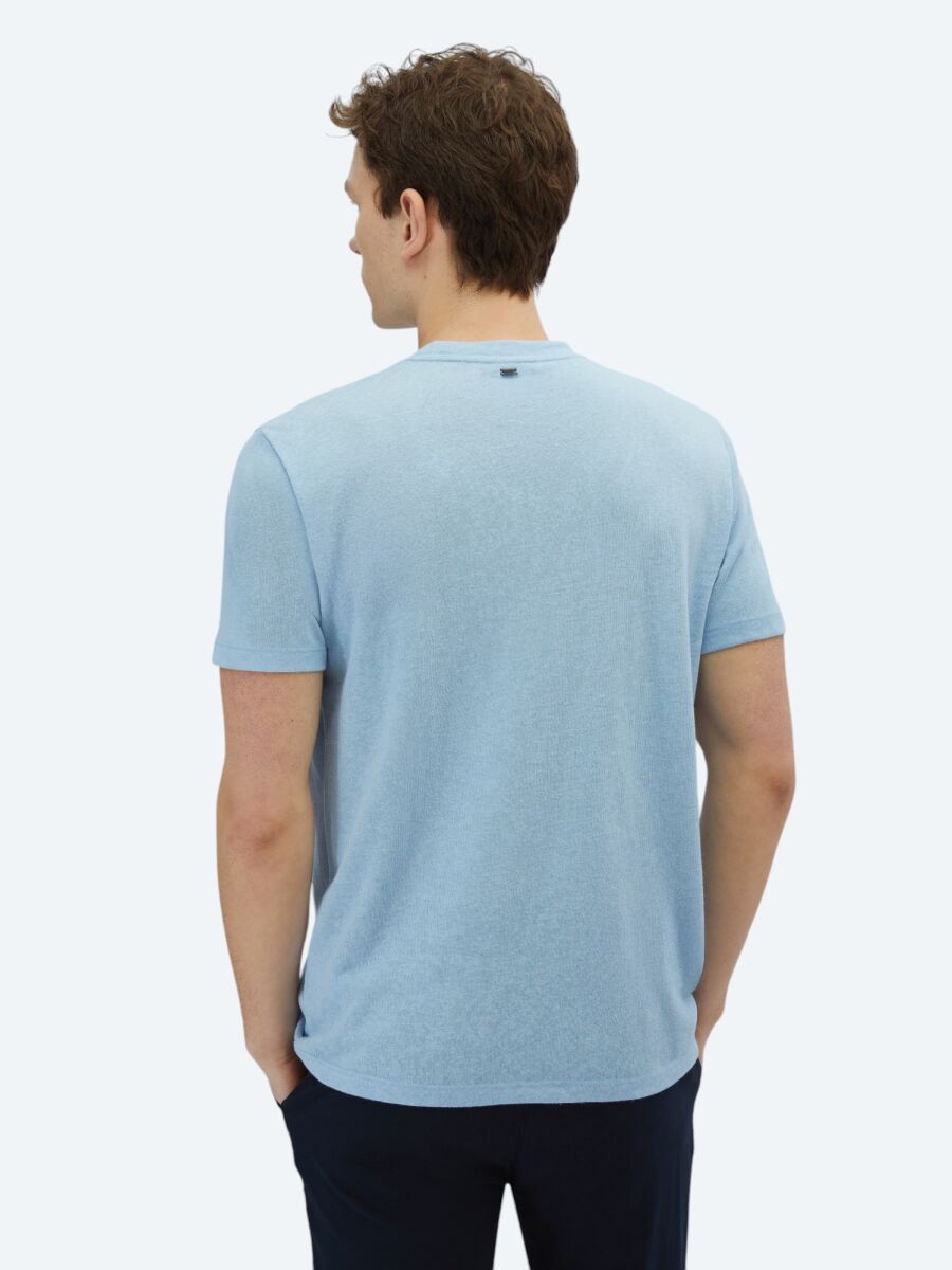 Blue Plain Crew Neck Cotton Blended T-Shirt - 6