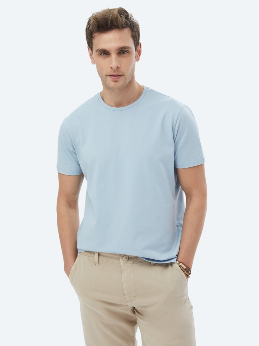 Blue Plain Crew Neck Cotton Blended T-Shirt - 1