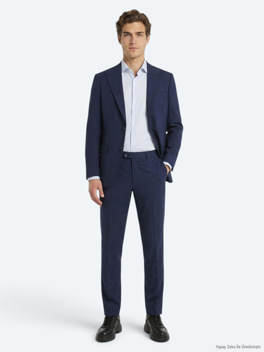 Blue Plain Modern Fit 100% Wool Suit - KİP