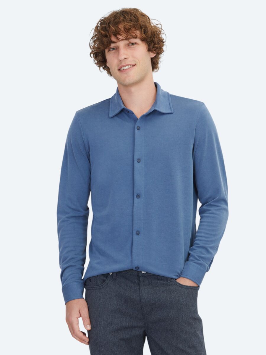 Blue Plain Regular Fit Long Knitting Casual Shirt - 1