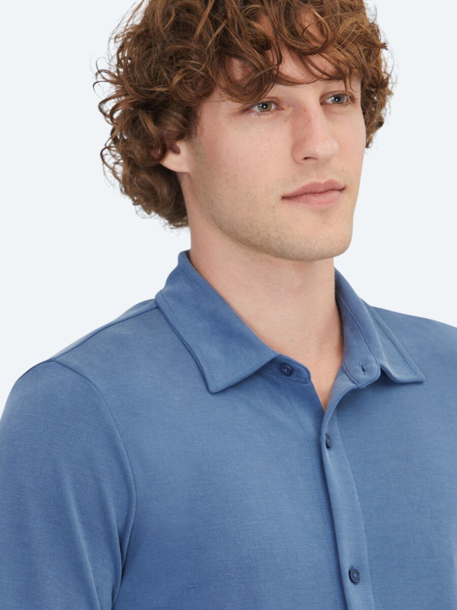 Blue Plain Regular Fit Long Knitting Casual Shirt - 3