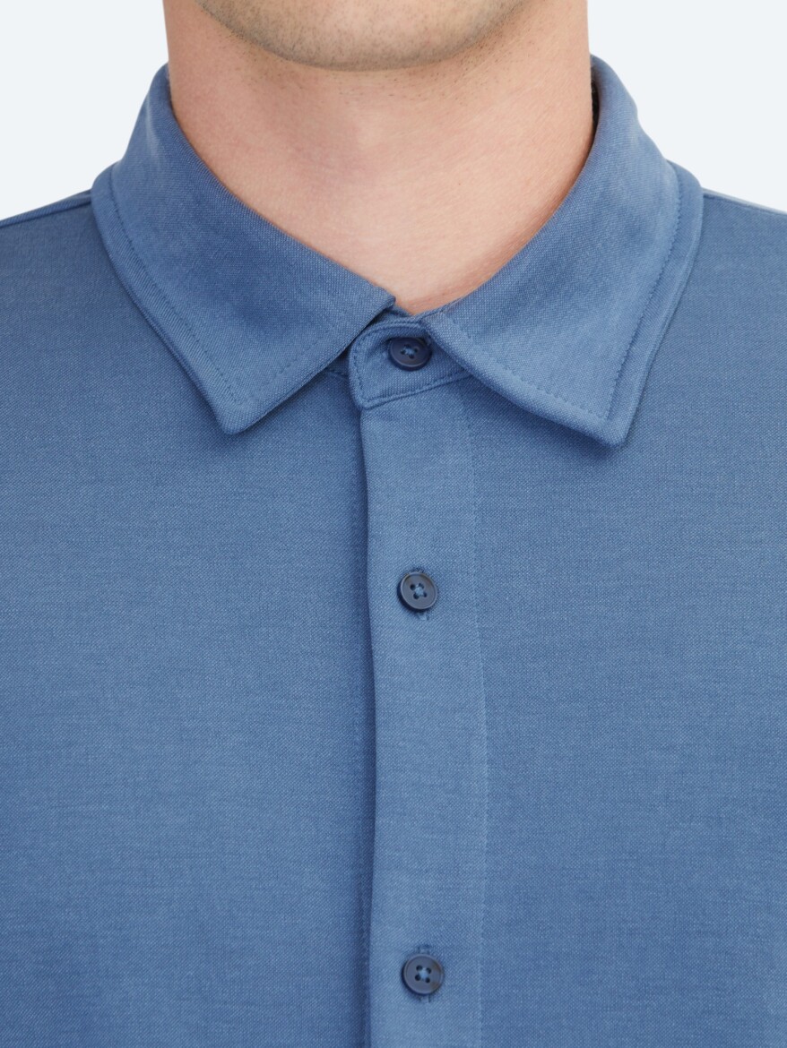 Blue Plain Regular Fit Long Knitting Casual Shirt - 4