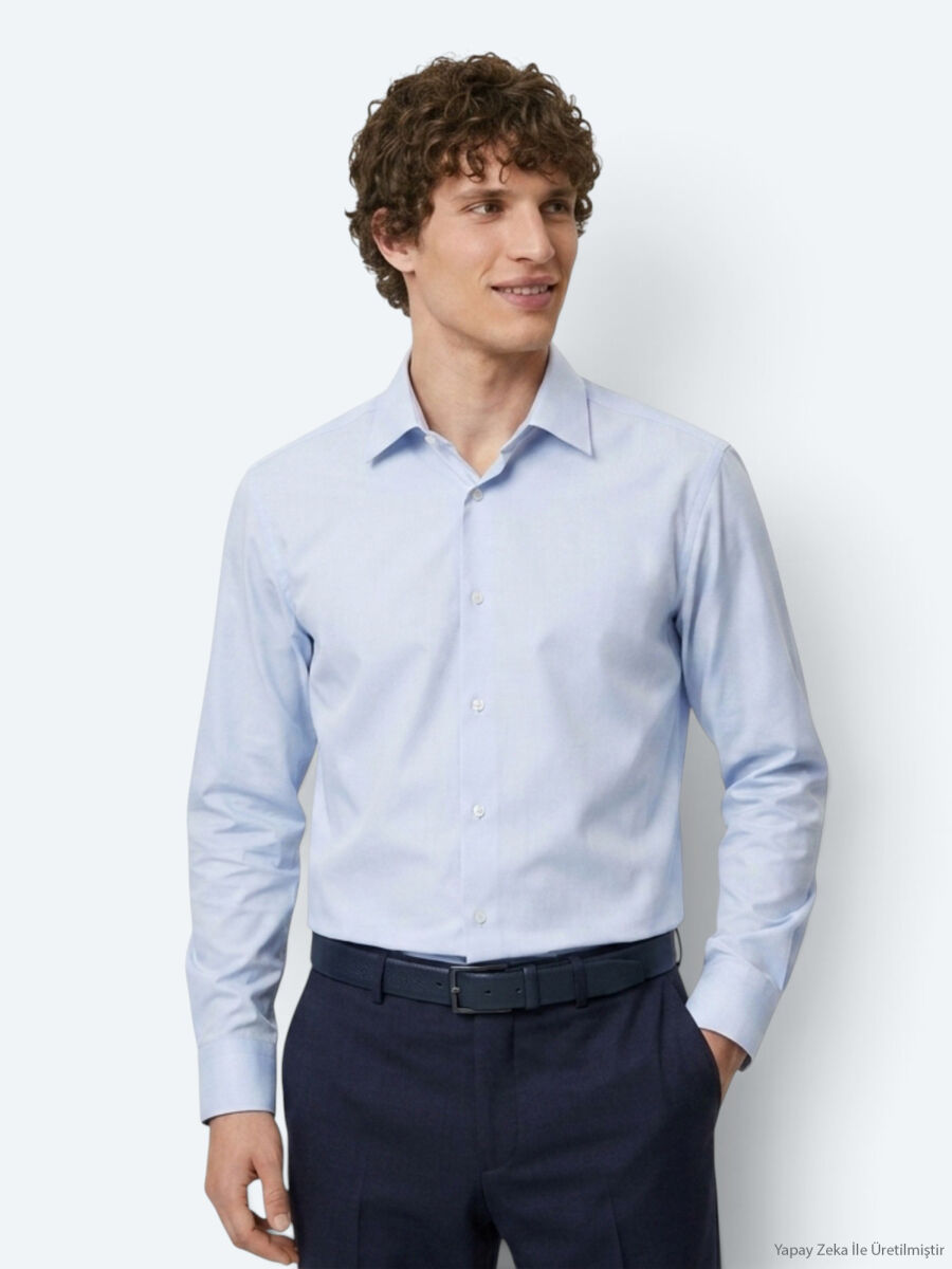 Blue Plain Regular Fit Long Knitting Casual Shirt - 2