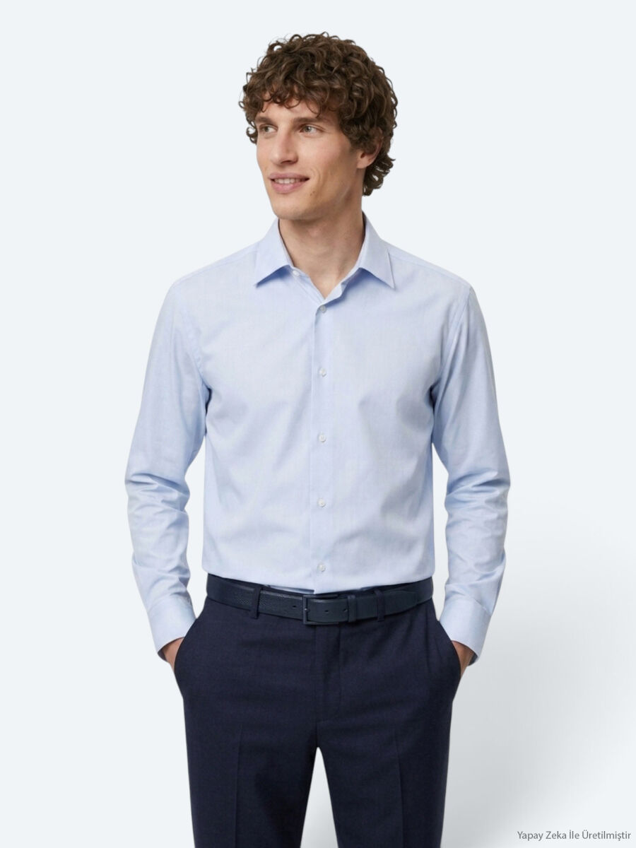 Blue Plain Regular Fit Long Knitting Casual Shirt - 4