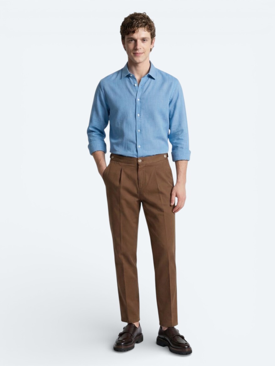 Blue Plain Regular Fit Long Weaving Casual 100% Cotton Shirt - 2