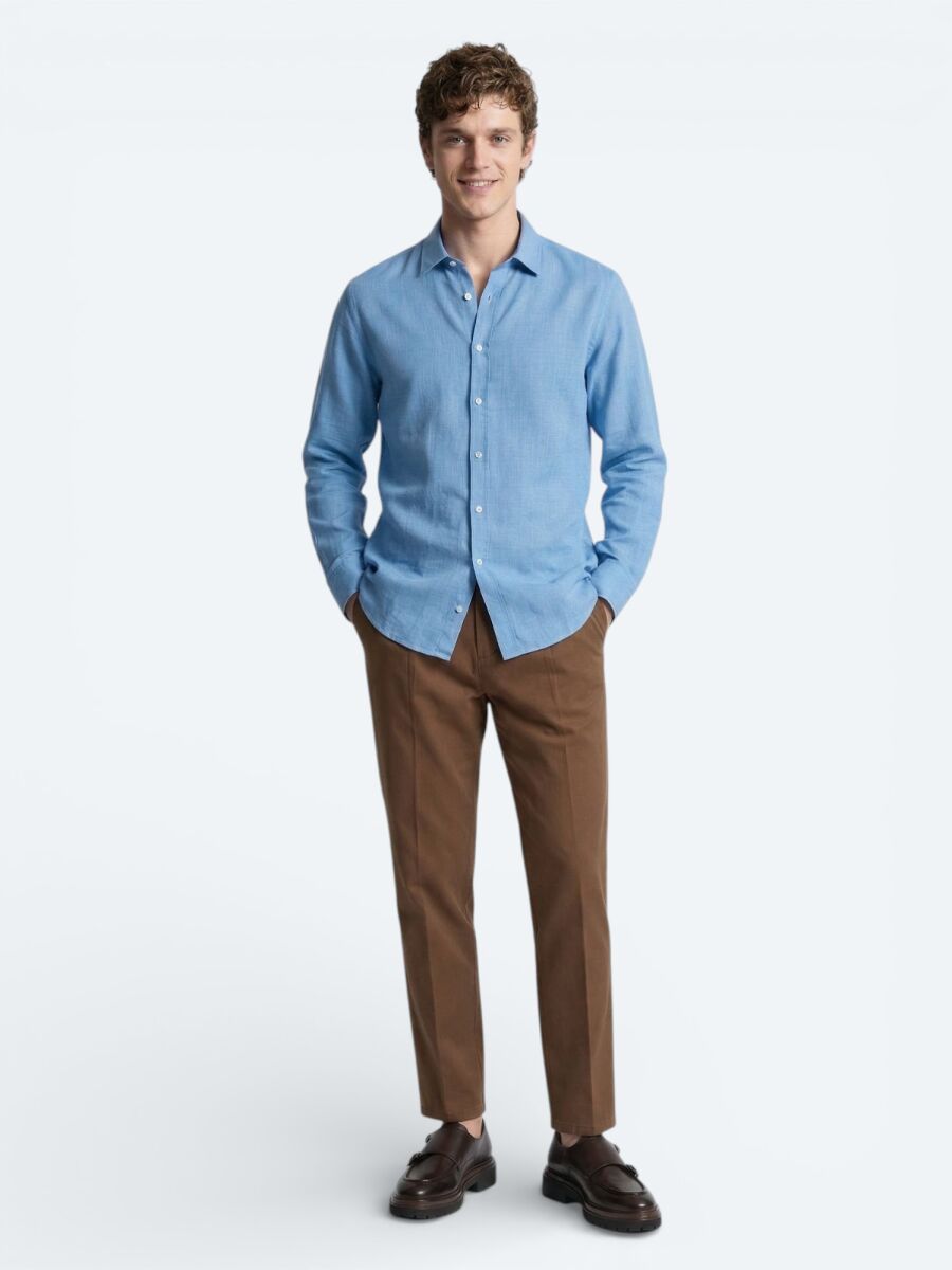 Blue Plain Regular Fit Long Weaving Casual 100% Cotton Shirt - 3