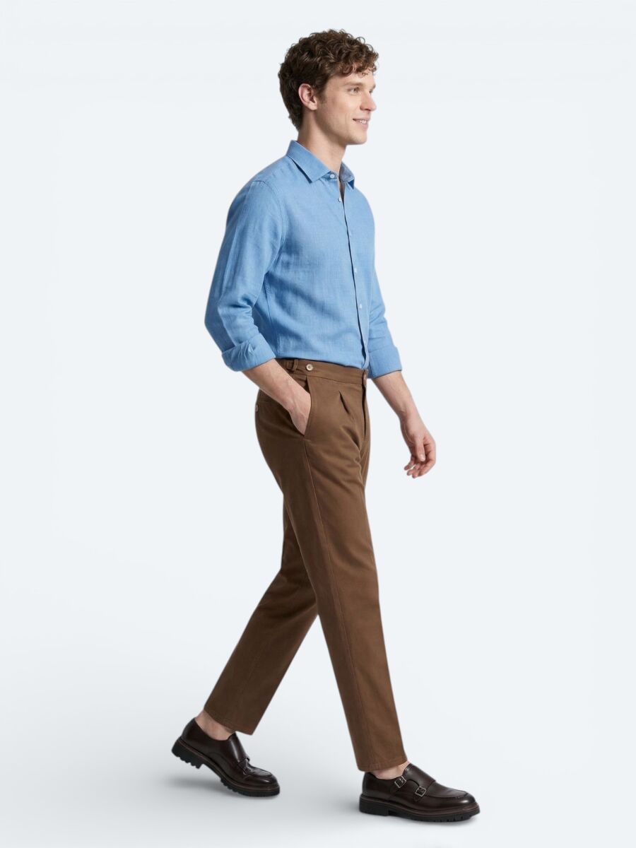 Blue Plain Regular Fit Long Weaving Casual 100% Cotton Shirt - 4