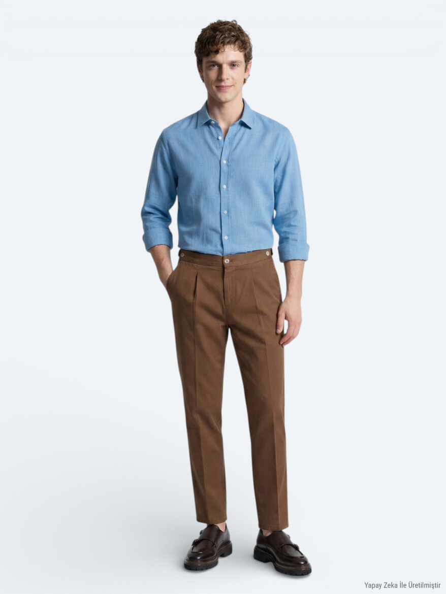 Blue Plain Regular Fit Long Weaving Casual 100% Cotton Shirt - 2