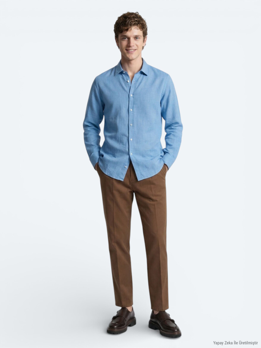 Blue Plain Regular Fit Long Weaving Casual 100% Cotton Shirt - 3