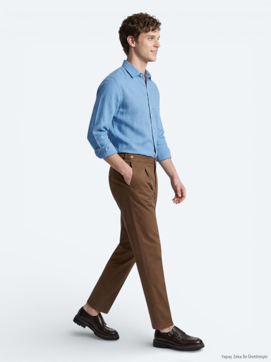 Blue Plain Regular Fit Long Weaving Casual 100% Cotton Shirt - 4