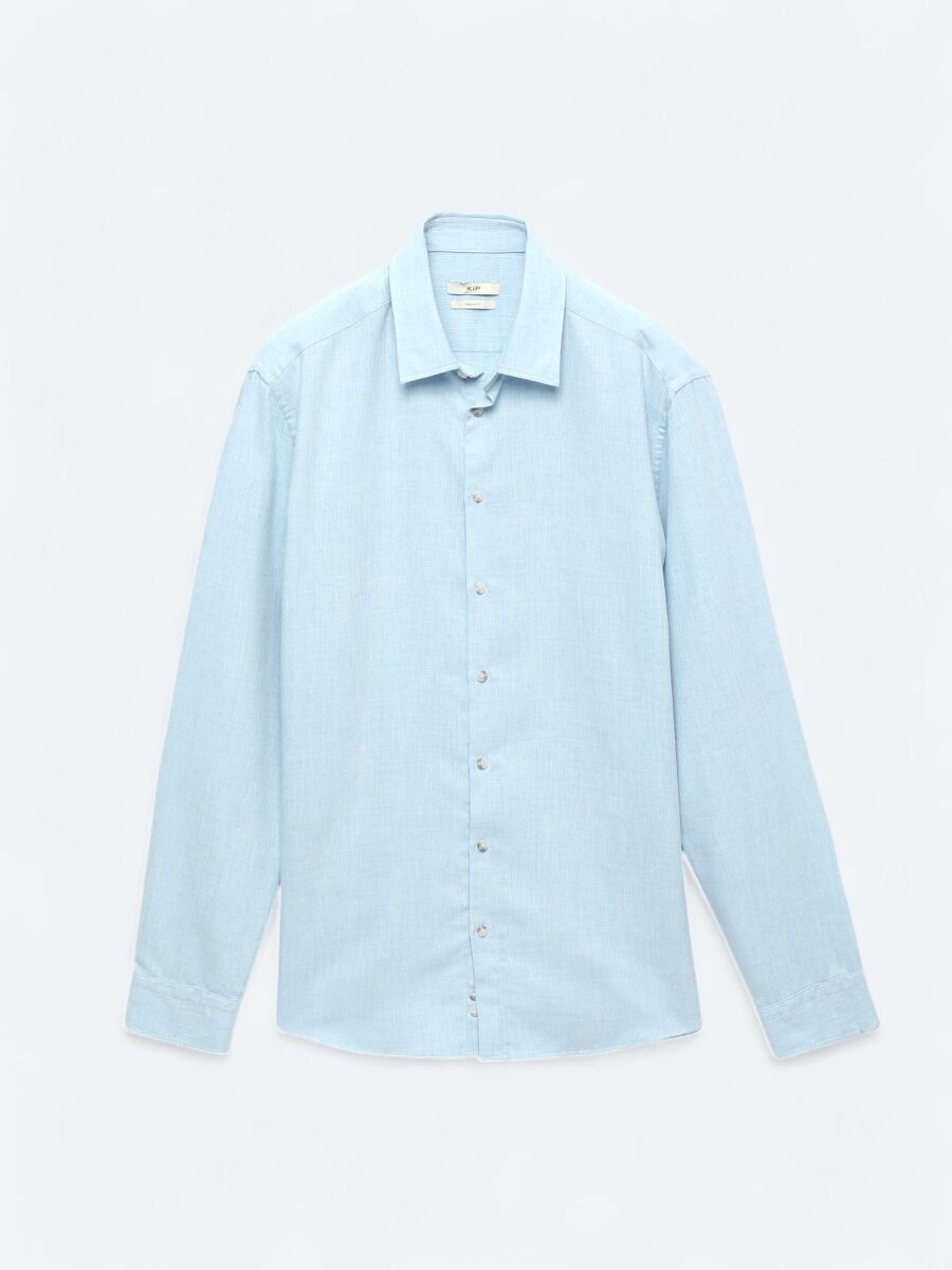 Blue Plain Regular Fit Long Weaving Casual Cotton Blended Shirt - 7