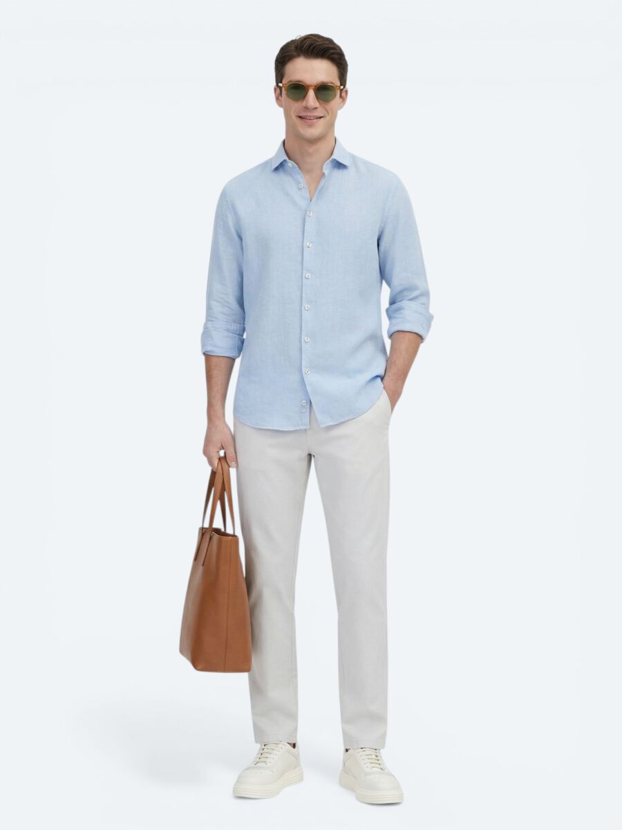 Blue Plain Regular Fit Long Weaving Casual Cotton Blended Shirt - 2