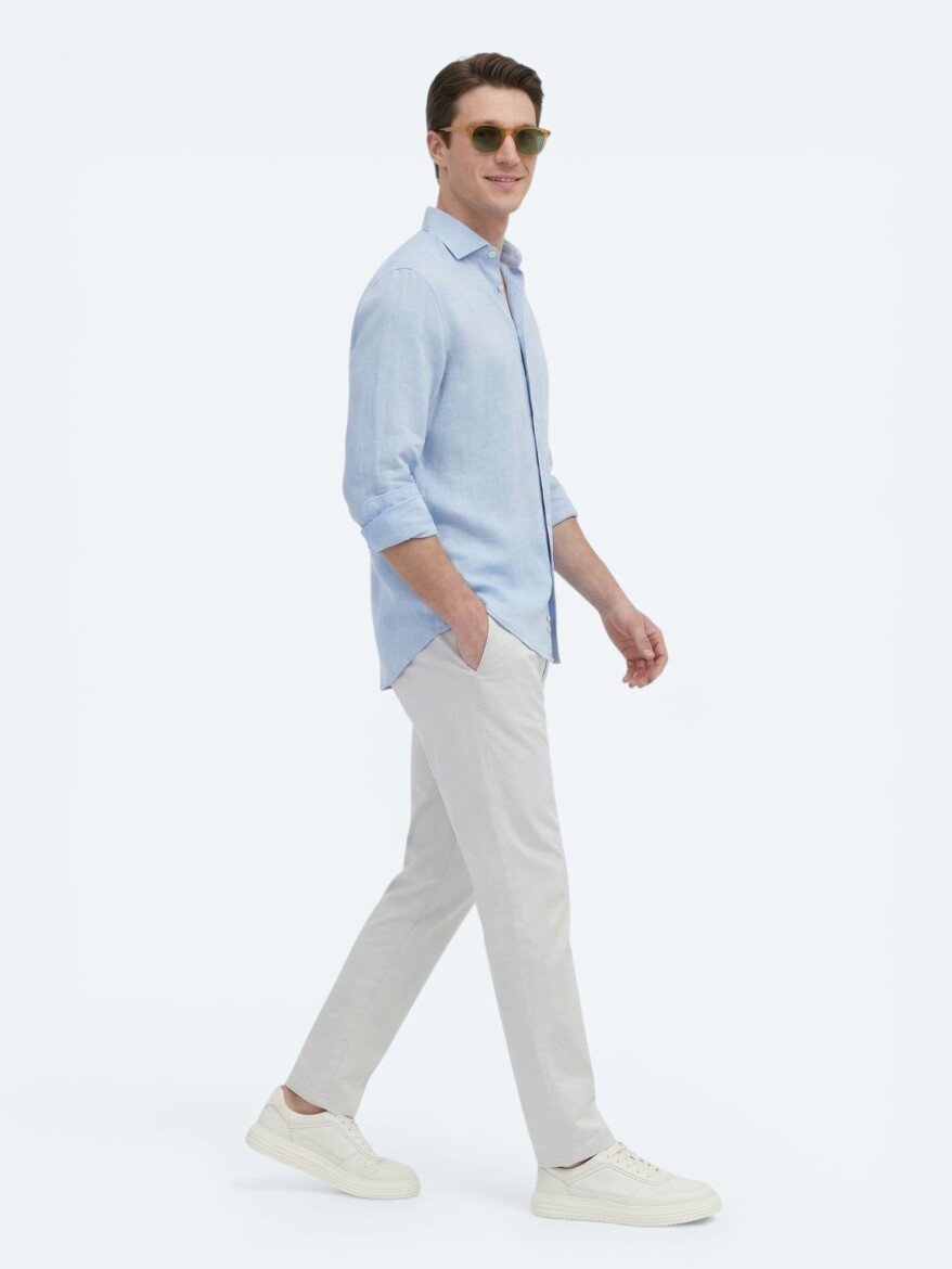 Blue Plain Regular Fit Long Weaving Casual Cotton Blended Shirt - 3