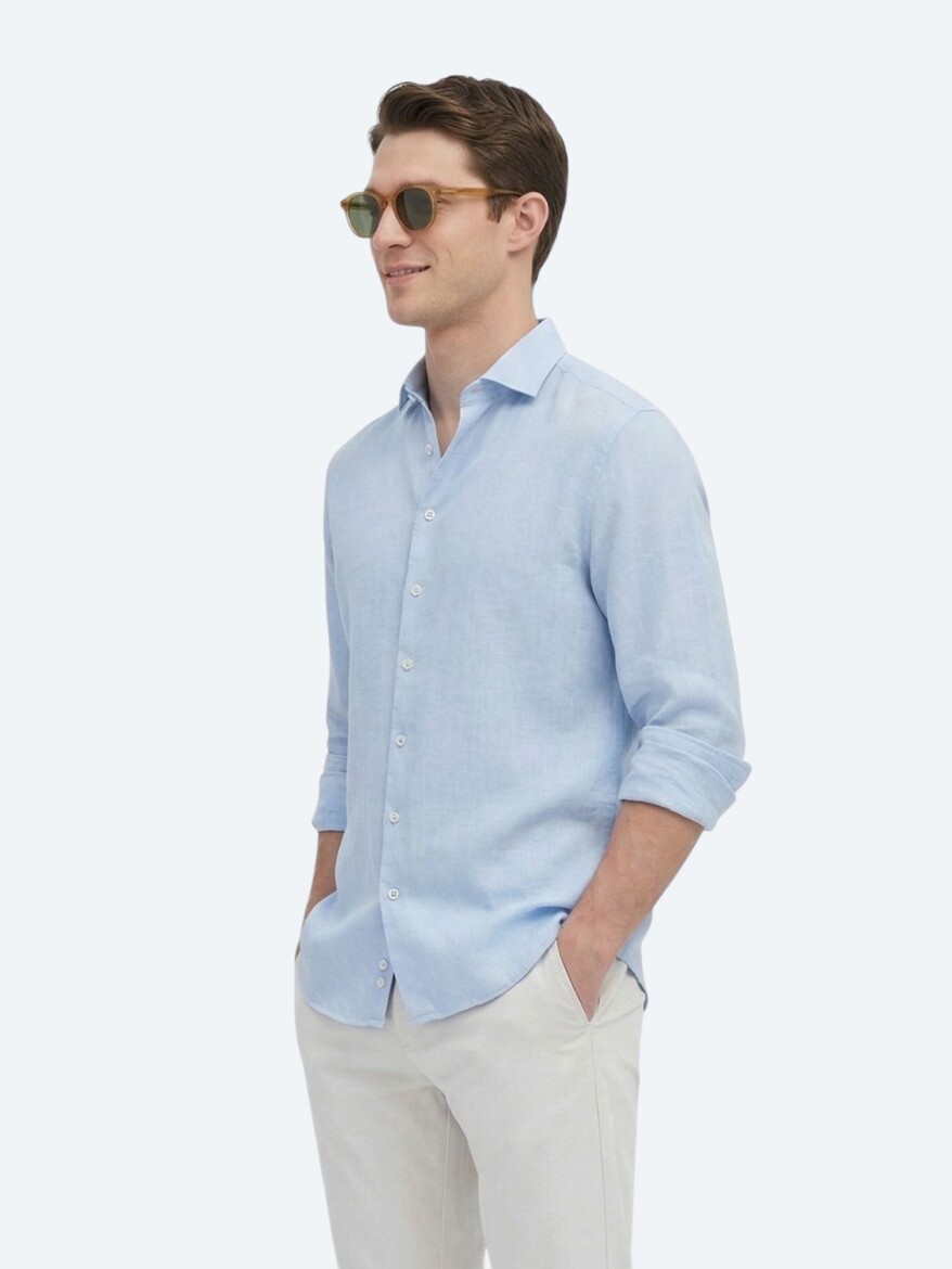 Blue Plain Regular Fit Long Weaving Casual Cotton Blended Shirt - 4