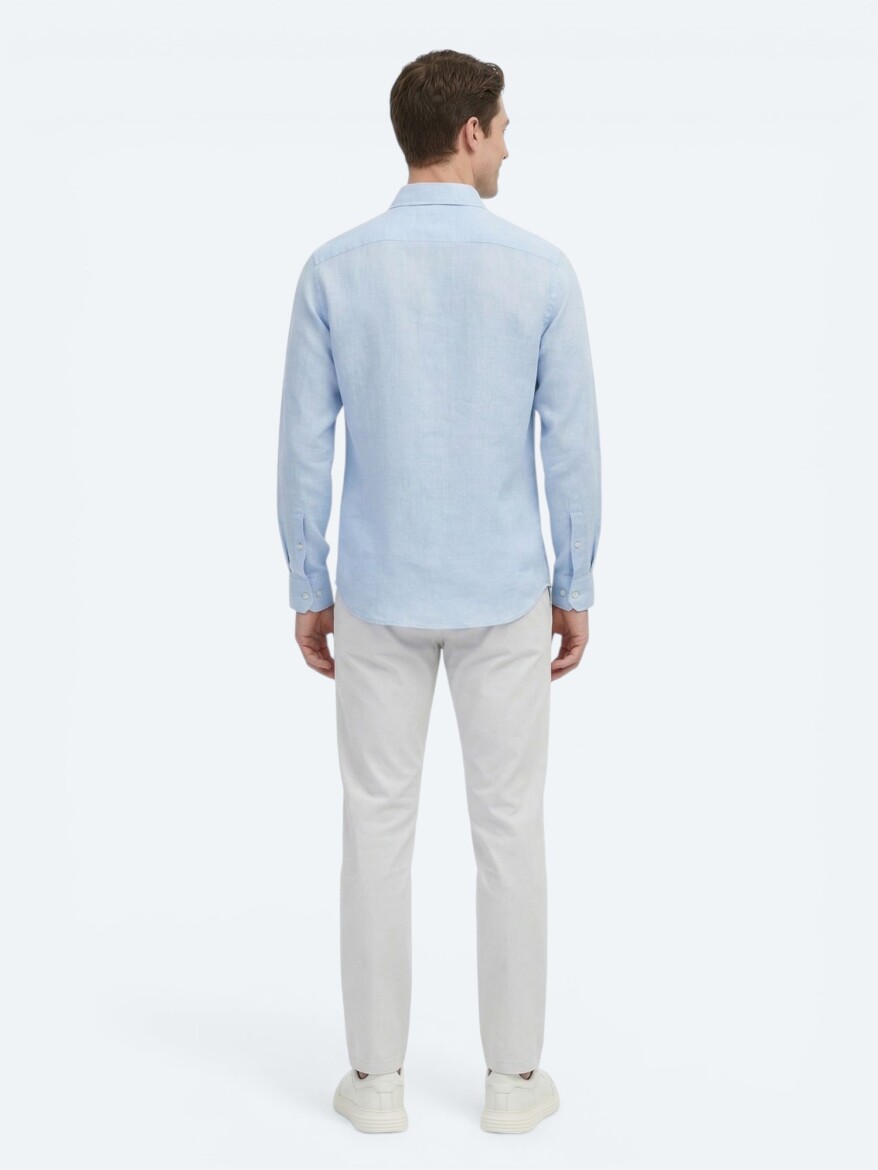 Blue Plain Regular Fit Long Weaving Casual Cotton Blended Shirt - 5