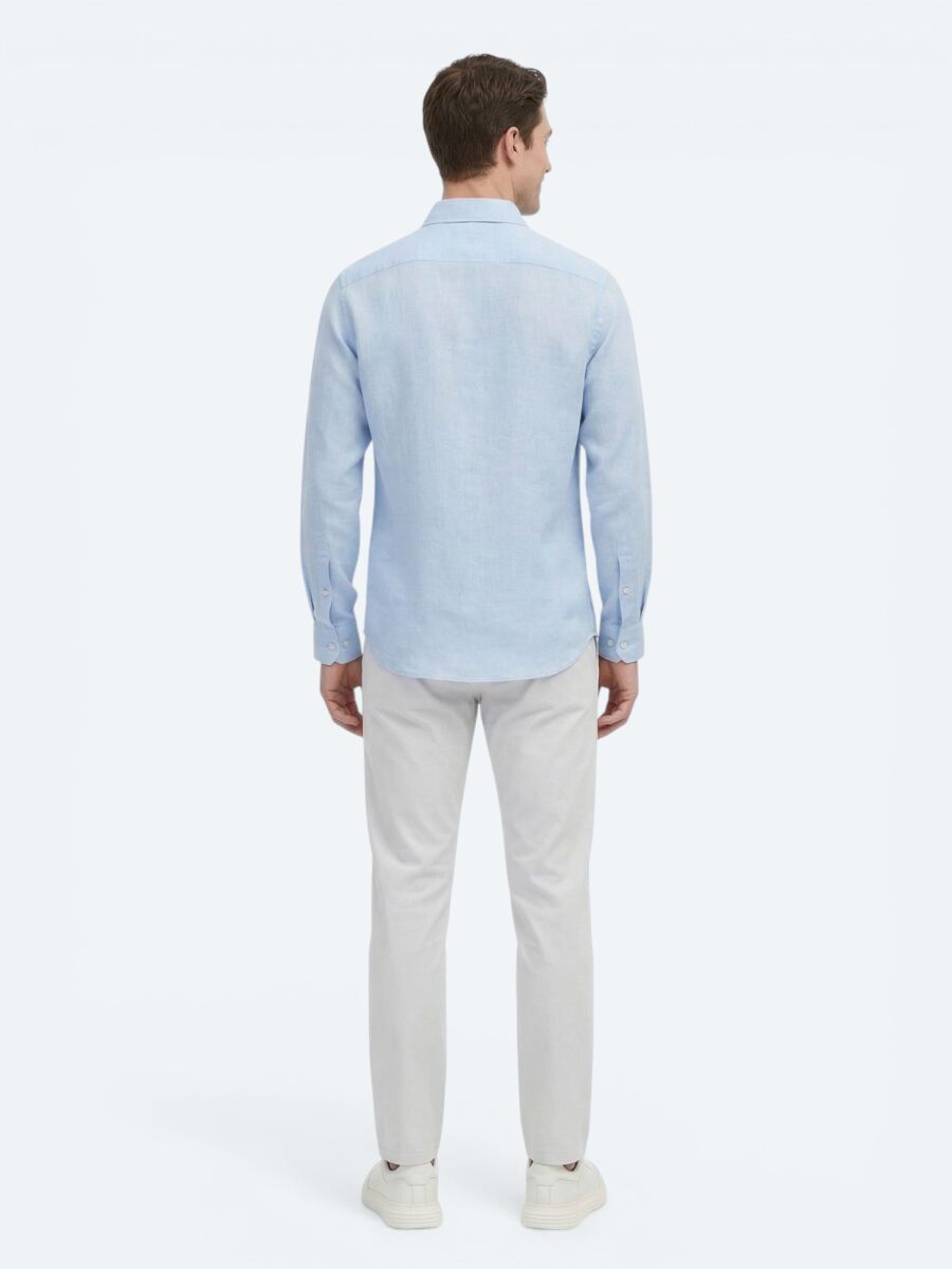 Blue Plain Regular Fit Long Weaving Casual Cotton Blended Shirt - 5