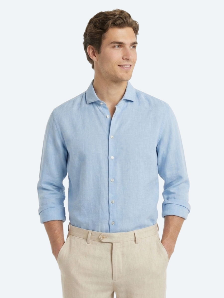 Blue Plain Regular Fit Long Weaving Casual Cotton Blended Shirt - 1