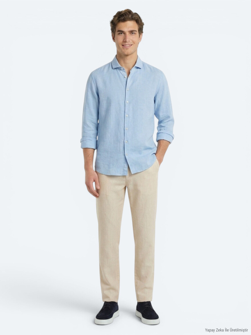 Blue Plain Regular Fit Long Weaving Casual Cotton Blended Shirt - 2