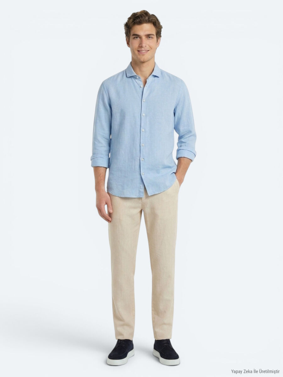 Blue Plain Regular Fit Long Weaving Casual Cotton Blended Shirt - 2
