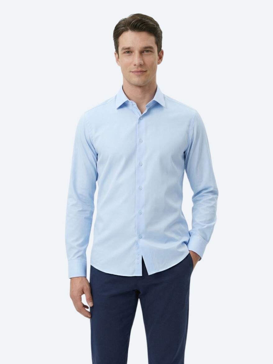 Blue Plain Regular Fit Long Weaving Classical 100% Cotton Shirt 