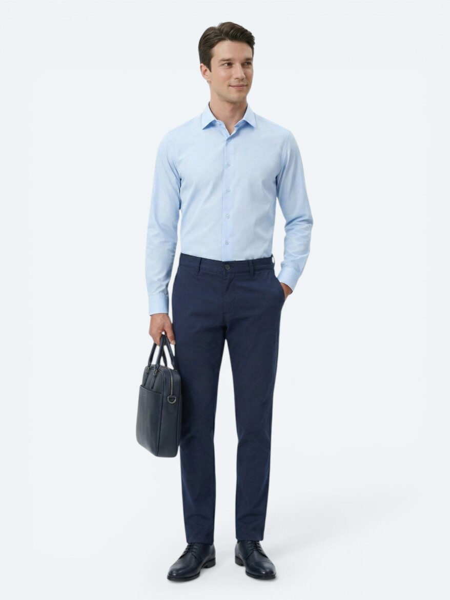 Blue Plain Regular Fit Long Weaving Classical 100% Cotton Shirt - 2