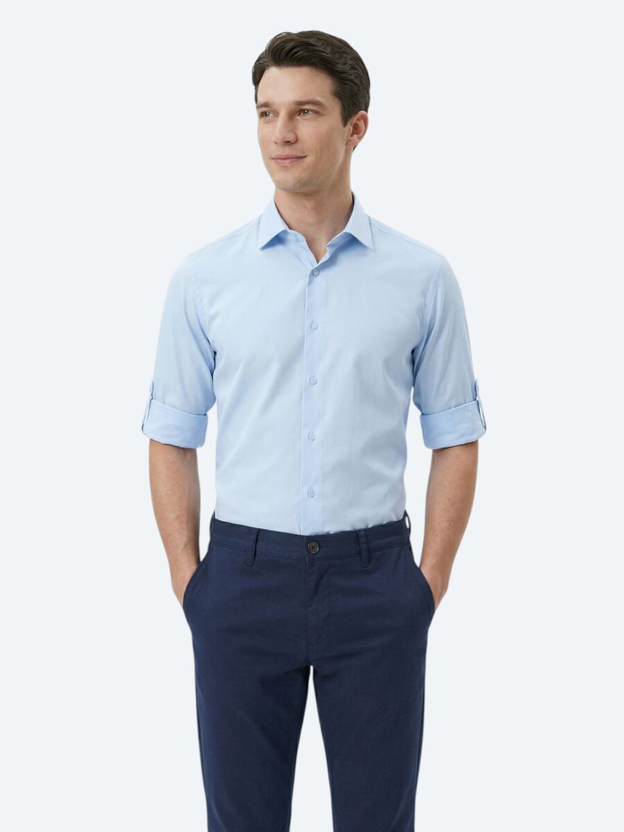 Blue Plain Regular Fit Long Weaving Classical 100% Cotton Shirt - 3