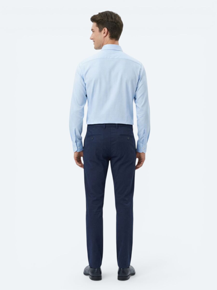 Blue Plain Regular Fit Long Weaving Classical 100% Cotton Shirt - 5