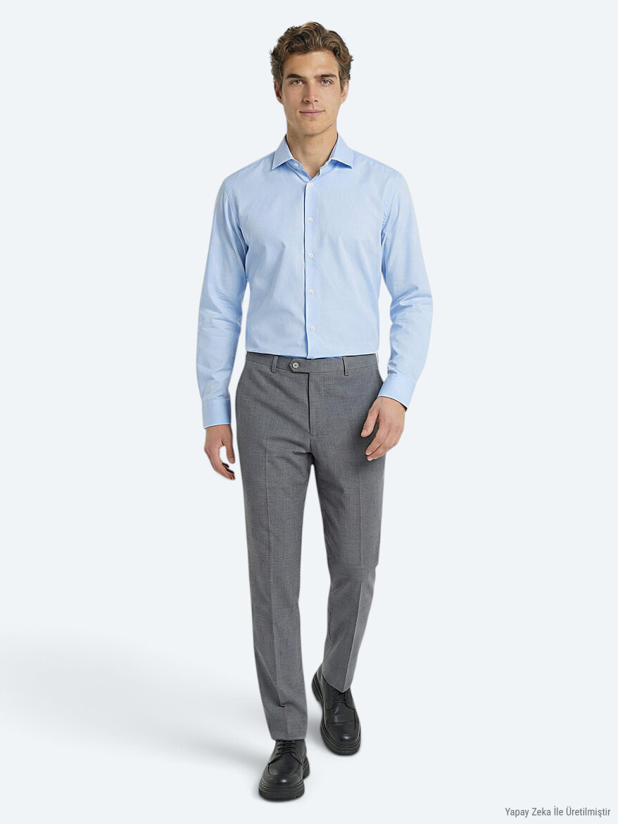 Blue Plain Regular Fit Long Weaving Classical 100% Cotton Shirt - KİP