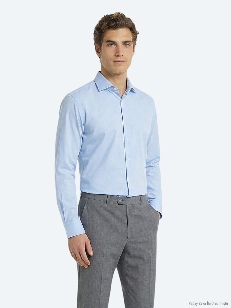 Blue Plain Regular Fit Long Weaving Classical 100% Cotton Shirt - 3