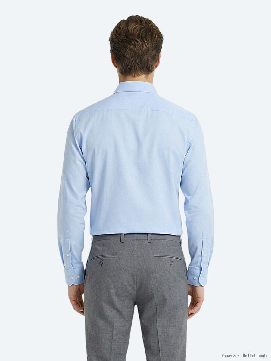 Blue Plain Regular Fit Long Weaving Classical 100% Cotton Shirt - 4