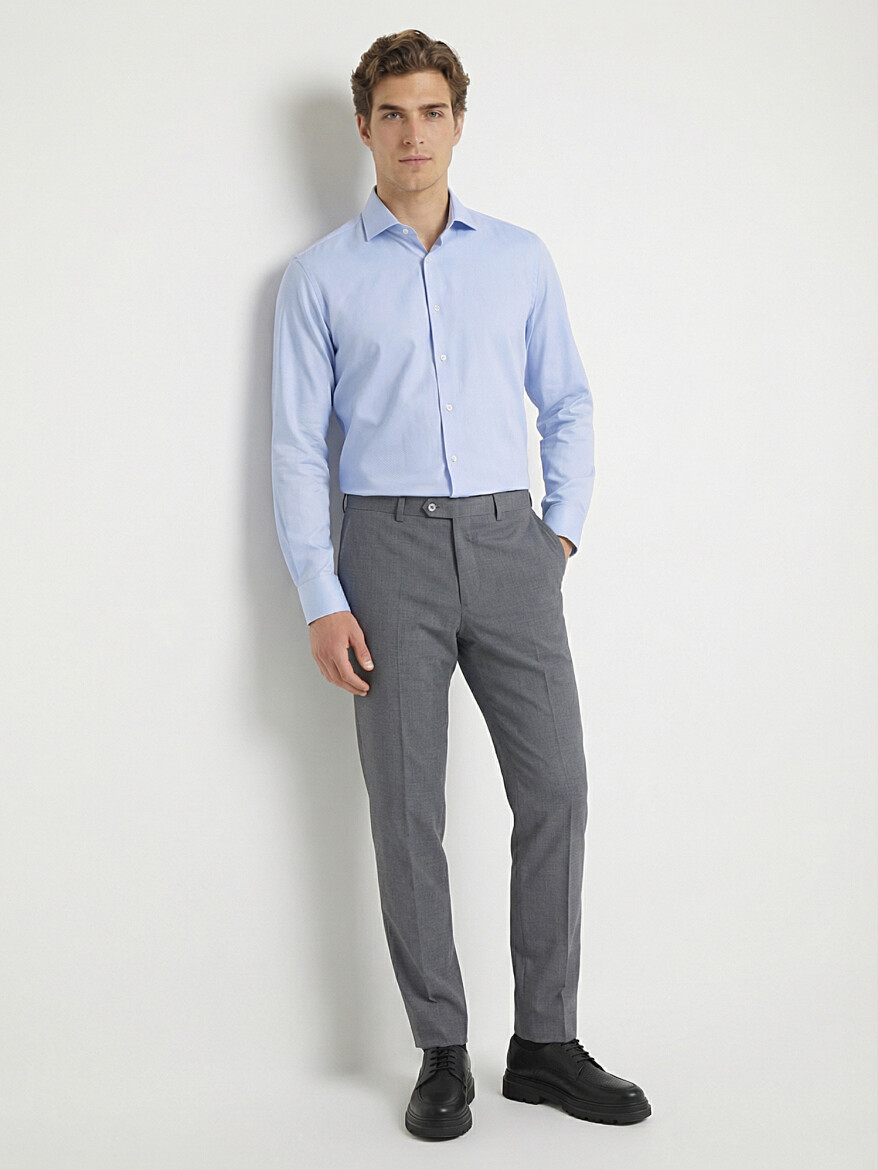 Blue Plain Regular Fit Long Weaving Classical 100% Cotton Shirt - 2