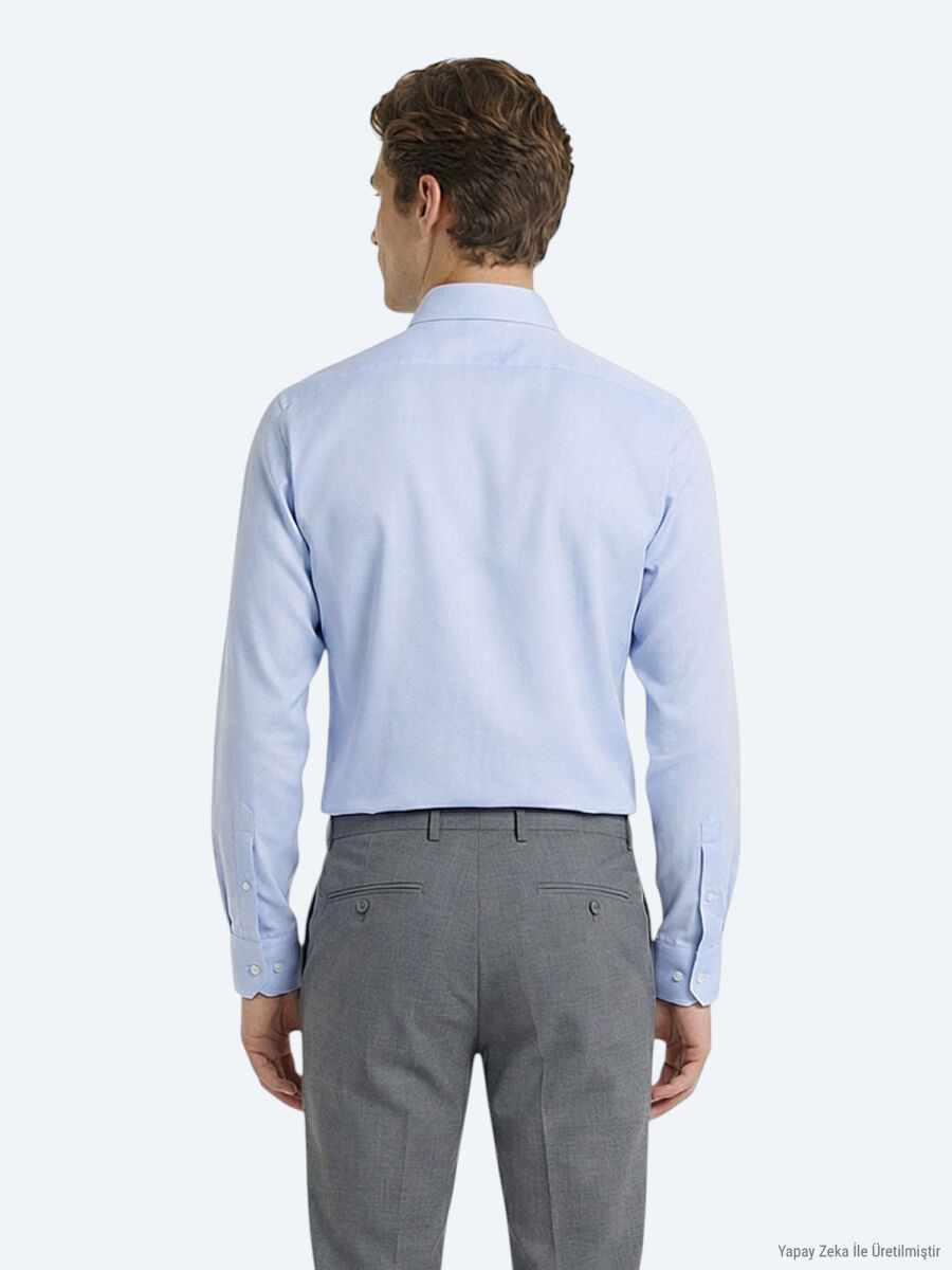 Blue Plain Regular Fit Long Weaving Classical 100% Cotton Shirt - 4