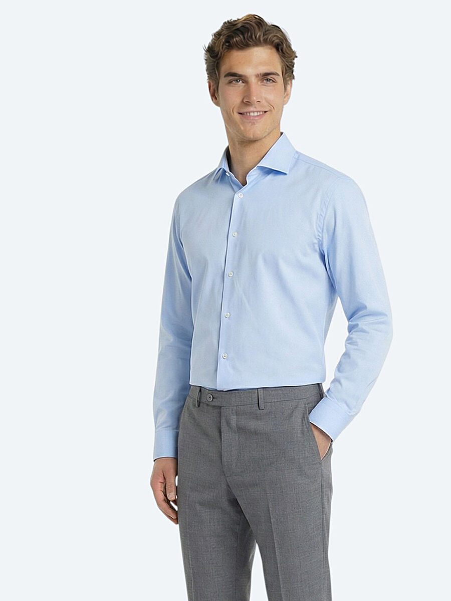 Blue Plain Regular Fit Long Weaving Classical 100% Cotton Shirt - 1