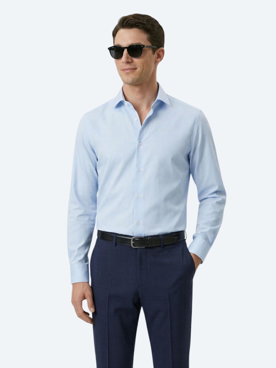 Blue Plain Regular Fit Long Weaving Classical Cotton Blended Shirt - 1