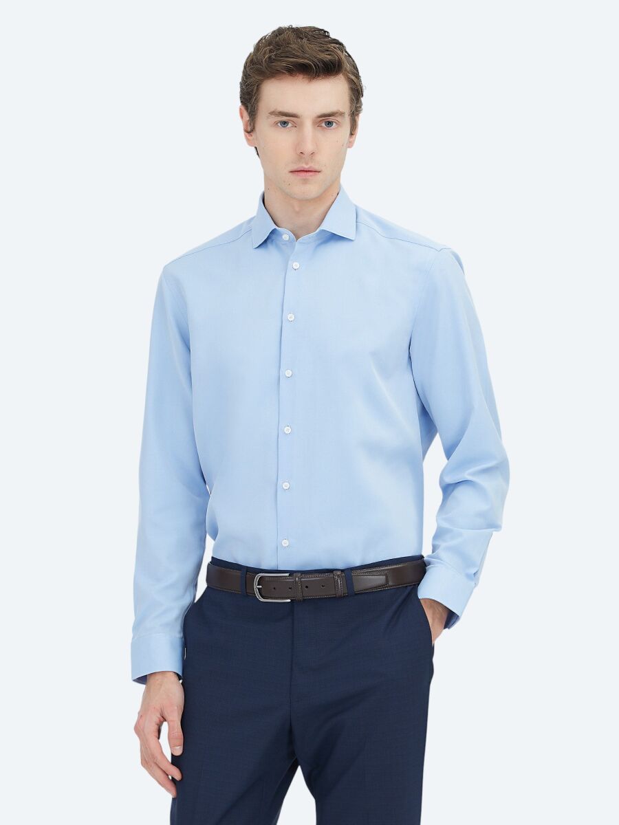 Blue Plain Regular Fit Long Weaving Classical Cotton Blended Shirt - 1