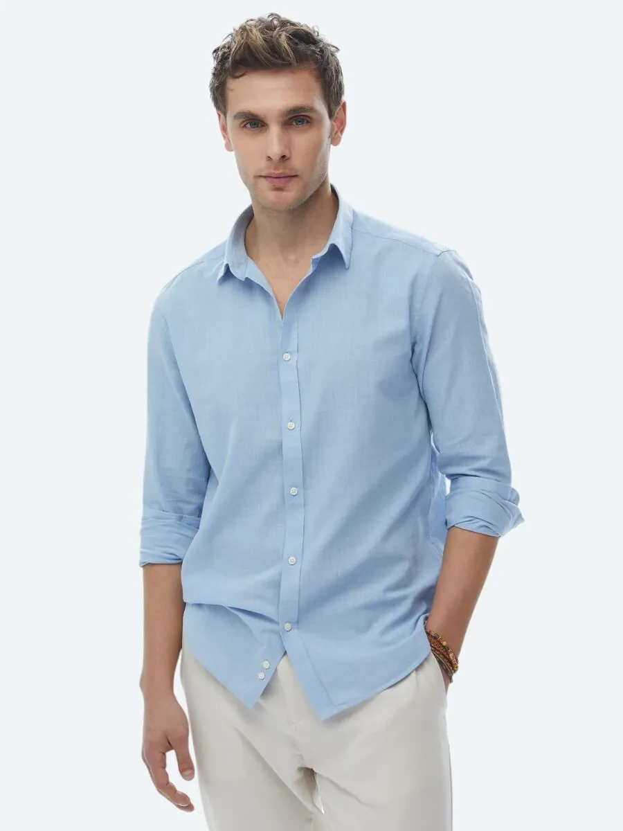 Blue Plain Regular Fit Weaving Casual 100% Cotton Shirt - 1