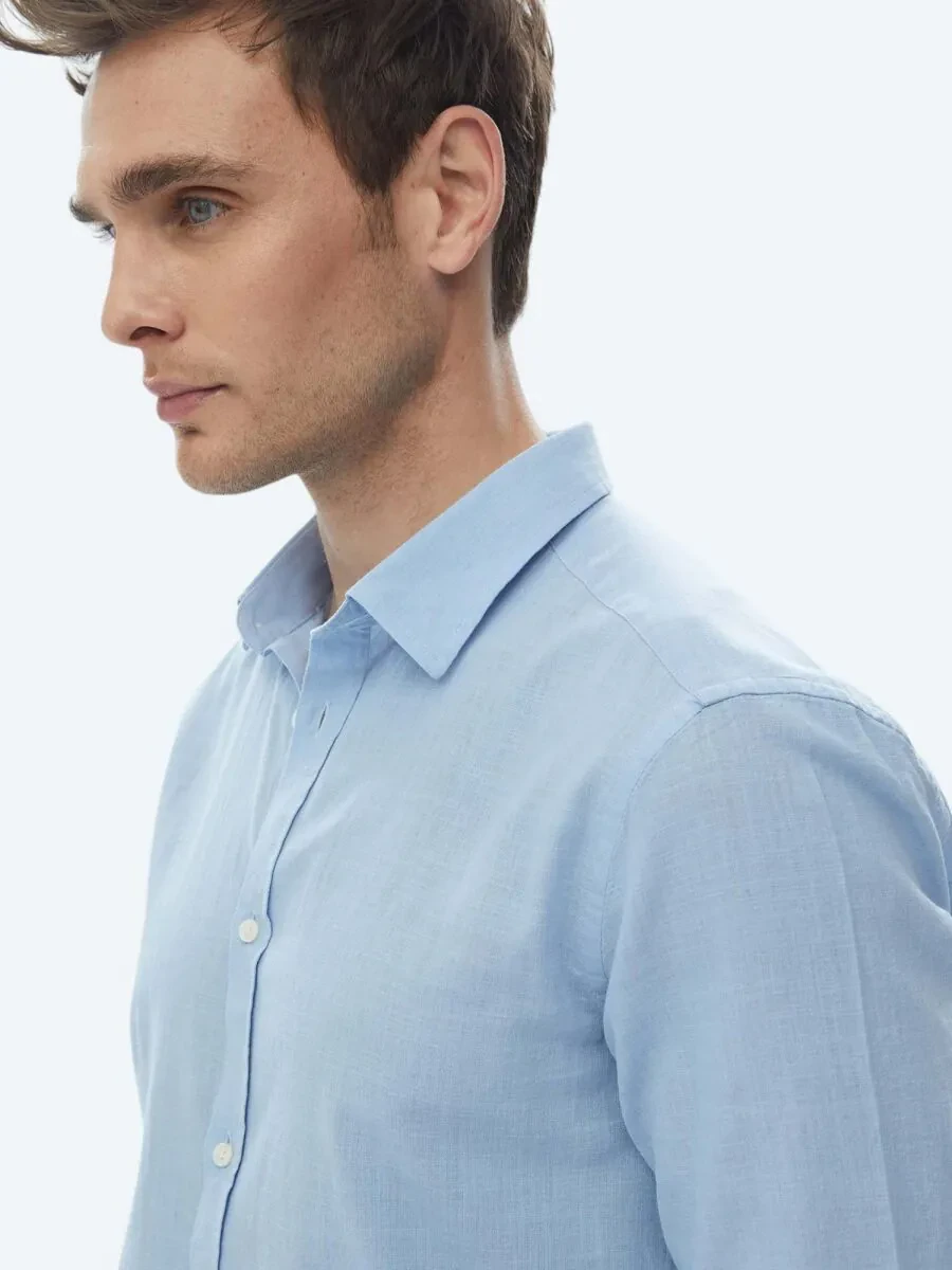 Blue Plain Regular Fit Weaving Casual 100% Cotton Shirt - 2
