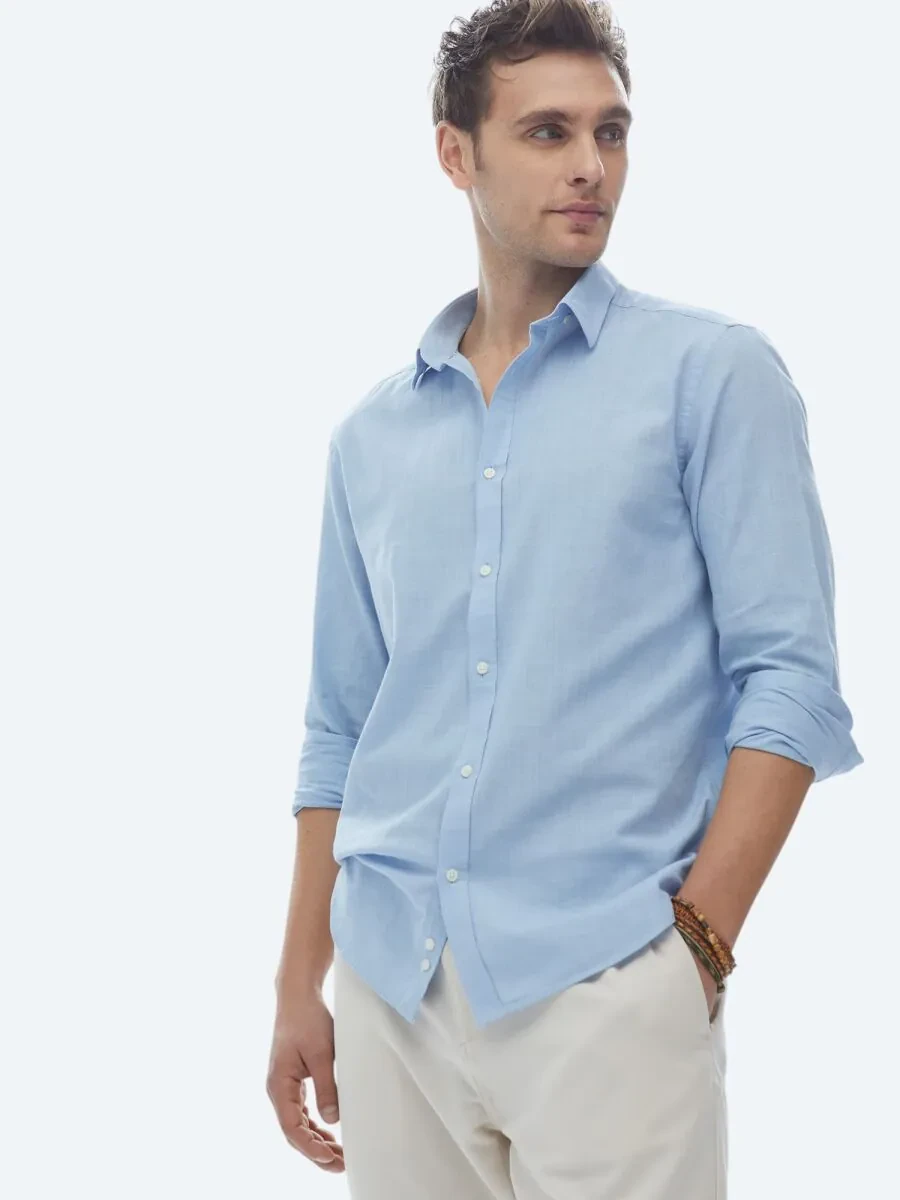 Blue Plain Regular Fit Weaving Casual 100% Cotton Shirt - 3