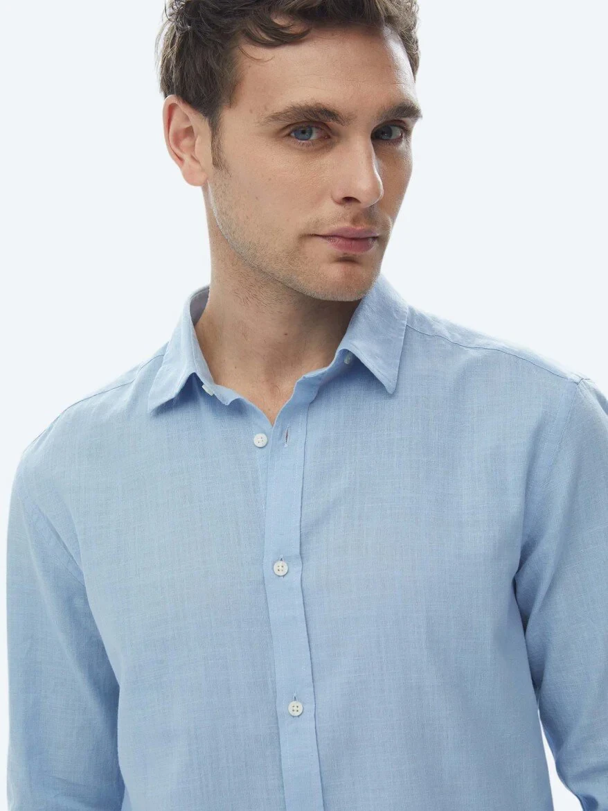Blue Plain Regular Fit Weaving Casual 100% Cotton Shirt - 4