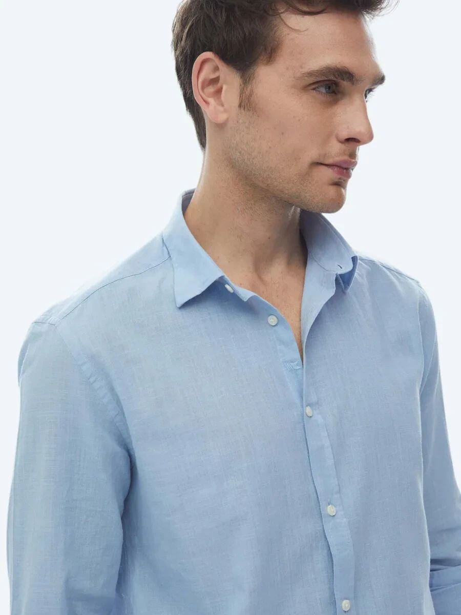 Blue Plain Regular Fit Weaving Casual 100% Cotton Shirt - 5