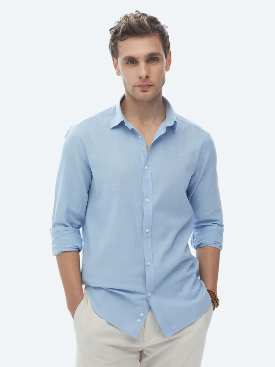 Blue Plain Regular Fit Weaving Casual 100% Cotton Shirt - 6