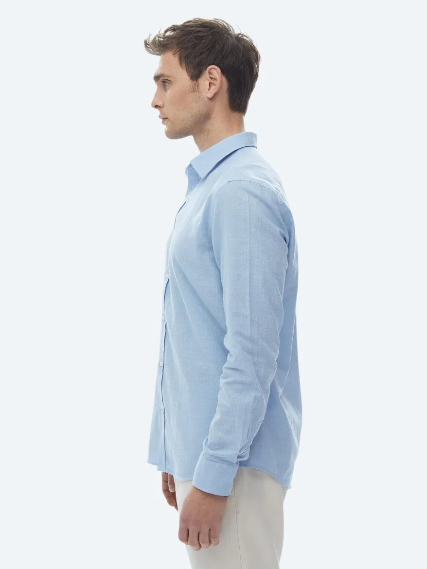 Blue Plain Regular Fit Weaving Casual 100% Cotton Shirt - 8