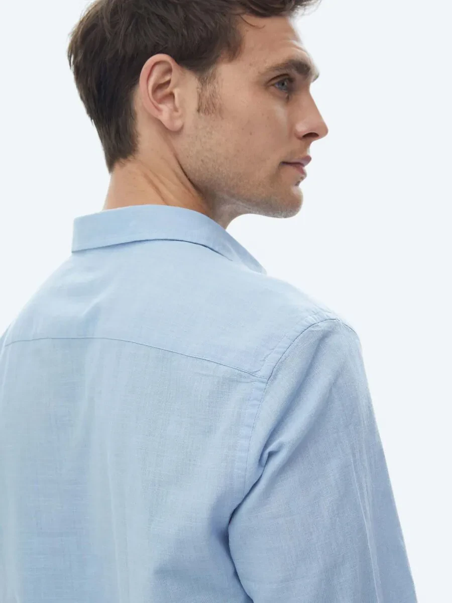 Blue Plain Regular Fit Weaving Casual 100% Cotton Shirt - 9