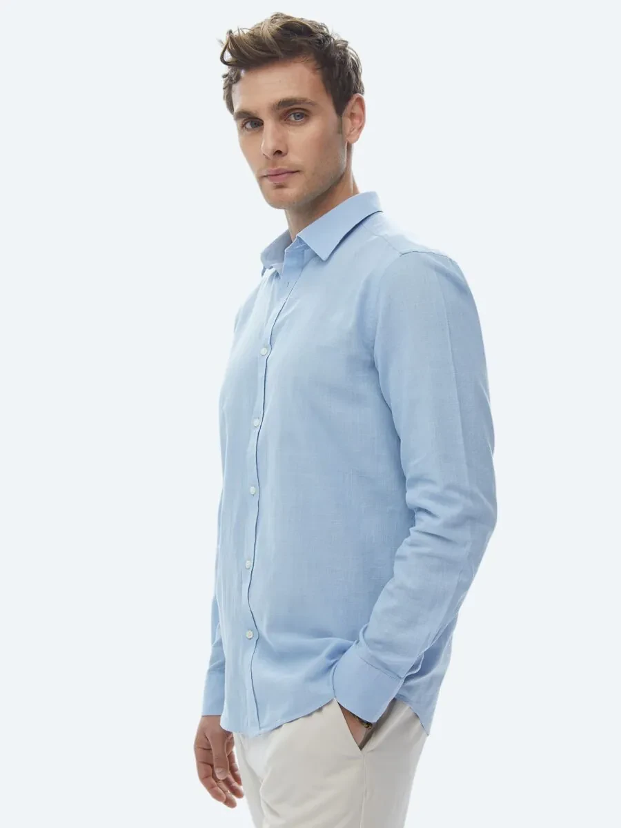 Blue Plain Regular Fit Weaving Casual 100% Cotton Shirt - 10